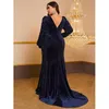 Casual Dresses Autumn Winter Women Clothing Long Sleeve V Neck Backless Blue Velvet Sequined Special Occasion Evening Party Mermaid Dress