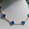 VanCF ketting luxe diamanten agaat 18k gouden bloemen vier bladgras ketting damesmode lichte luxe V goud dik verguld rosé goud blauw jade gevoel nekketting