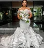 African Plus Size Mermaid Wedding Dresses Bridal Gown Ruffles Off Shoulder Tassle Lace Applique Tulle Sweep Train Custom Made vestidos 2024 YD