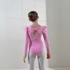 Palco desgaste ballet dancewear menina bonito tutu vestido manga longa collant plissado pescoço cisne lago trajes de festa bailarinas frente forrada rosa