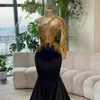 Black Mermaid Evening Dresses Sparkly Gold Sequined Lace Aso Ebi Women Formal Party Gowns One Shoulder Long Sleeve Special Occasion Prom Dress Vestidos CL3367