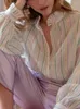Женские блузки 2024, весенняя рубашка с рюшами на воротнике, винтажная красочная полоса, женский топ с длинными рукавами-фонариками