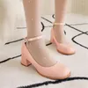 Sapatos de vestido Pxelena estilo coreano meninas estudante redondo toe tornozelo cinta bloco med saltos bombas mulheres rosa branco 2024 primavera outono 34-43