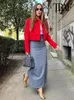 Traf Women Fashion z klapami przycięty płaszcz marynarki w stylu vintage długie rękawowe snap-button żeńskie eleganckie topy 240229