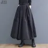 Saia novo estilo japonês mulher sólida preto longo elástico na cintura longo vestido de baile saia bolso casual wear solto ajuste saias grandes jjsk006