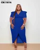 Urban Sexy Dresses CM.Yaya Plus Size Women Puff Short Sleeve Wrap High Side Split bodycon Midi Maxi Long Dress 2023 Sexy Party Even Vestido Dresses L240309