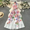 Runway Women Dresses A Line Runway Summer Holiday Gorgeous Flower Long Dress Women's Stand Sleeveless Single Breasted Belt Floral Print Long Vestidos 2024