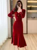 Casual Dresses Luxury Elegant Red Velvet Party Dress For Women Autumn Winter Fashion Sqaure Collar 2024 Korean Chic Ruffled Festival Robe