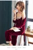 Pajamas Womens Autumn Winter Sexy Sling Gold Velvet Long-Sleeved Ladies Nightgown Suit Large Size Home Wear Three-piece Set 240226