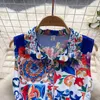 Casual jurken elegante zomer blauw en wit porselein tankjurk dames revers mouwloos enkele rij knopen bloemenprint riem strandfeest vestido 2024