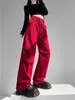 Kvinnor Pants Red Cargo 2024 Sping Baggy Wide Leg Byxor med fickan Quick-Torking Sweatpants Sports for Women Joggers