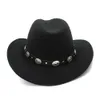 Vintage-Western-Cowboyhut aus Wolle für Damen und Herren, breite Krempe, Cowgirl-Jazz-Kappe mit Leder-Toca-Sombrero-Kappe 240228