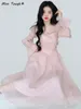 Vestidos casuales elegante fiesta de noche vestido midi mujeres manga de burbuja francés vintage dulce hembra rosa estilo coreano hada otoño 2024