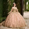 Rosa glitzernde Kristall-Pailletten-Ballkleid-Quinceanera-Kleider aus der Schulter mit Goldapplikation und Perlenkorsett für 15 Jahre