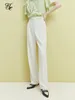 Women's Pants FSLE Women Commuter Drape White Suit High-Waisted Irregular-Waisted Twill Long Trousers 2024 Summer Office Lady Solid Pant