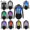 Stage Wear Mulheres Espumantes Dança Latina Leotards Color Block Keyhole Back Sheer Malha Manga Longa Bodysuit para Ginástica Figura Patinação