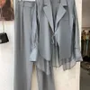 Summer Hollow Sun Protection Chiffon Shirt Blazer Wide Leg Pants Two Piece Set Elegant Womens Office Outfits 240226