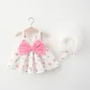 Vêtements d'été bébé fille robes de plage mode décontractée imprimer mignon arc fleur robe de princesse avec chapeau de soleil né ensemble de vêtements 240226