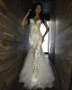 Novo luxo bling brilho vestidos de baile sereia branco profundo decote em v frisado cristal longo tule vestido de baile vestidos de noite 302