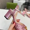 2024 Nieuwste HOGE Kwaliteit glanzende Sandalen Slippers vrouwen bling Luxe Echt Leer Mode dikke hak slingback metalen gesp party schoenen jurk merk Designer