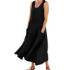 Kleid Vintage Baumwolle Leinen Lange Kleider für Frauen Sommer Einfarbig Ärmelloses Boho Maxikleid Tasche Lose Tank Kleid Plus Größe 5XL