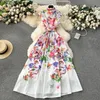 Casual Dresses Runway Summer Holiday Gorgeous Flower Long Dress Women's Stand Sleeveless Single Breasted Belt Floral Print Long Vestidos 2024