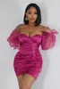 Casual Dresses Glossy Satin BodyCon Mini Dress Women Sexiga knappar Axless Off Shoulder Organza Long Sleeve Ruched Slim Clubwear Party