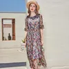 Casual Dresses Coffee Chiffon Silk Floral Maxi Dress Women Femme 2024 Summer Long Work Boho Beach Office Sexy Party Luxury Plus Size