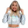 Bluzy seksowne przycięte holograficzne bluzy Kobiety błyszczące pu metaliczna bluza z kapturem długim rękawem krótka bluza z sznurkiem ściągacza streetwear