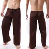 Roupa de dormir dos homens ver macio através de calças pj pura sleepwear seda pijama bottoms masculino casa gelo 240307