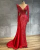 Ebi Arabic Aso Red Luxurious Mermaid Evening Beaded Lace Prom Dresses Sheer Neck Formal Party Second Reception Gowns Zj755