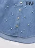 Blusas femininas traf mulheres moda com pérolas falsas denim camisas vintage manga comprida botão feminino chique tops