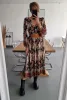 Kleid Lässiges böhmisches Strandurlaub-Damenkleid Vintage-Druck Herbst V-Ausschnitt Langarm elastische Taille schlankes Midikleid für Damen