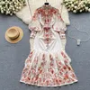 Casual Dresses Fashion Runway Flower Print Maxi Dress Women Clothing Lantern Sleeve Single Breasted Belt Long Robes Vintage Vestidos 2024