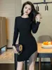 Casual Dresses Fashion Black Party Dress Women Chic Elegant Long Sleeve Backless Tassel Short Gown Female Prom Club Vestidos Banquet Robe