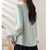 女性のブラウスQoerlin Office Ladies V-Neck Lengeve Green Shirts女性2024春秋フレアシングルブレストトップワークウェア