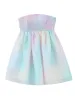 Dress Women Gradient Rainbow Print 2pcs Organza Dress Bow Bandage Rope Puff Sleeve Lapel Crop Top Ball Gown Party Mini Fairy Robe