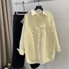 Kadın Bluzları Kadın Gömlekler 2024 Sonbahar Uzun Kol Ön Cep Pamuk Bluz Düğmesi Up Lady Rahat Basic Kısa Beyaz Gevşek Üstler