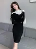 Vestidos casuais mulheres elegante preto branco retalhos feriado malha bodycon mini vestido outono inverno streetwear escritório senhora chique