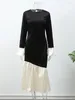 Vestidos casuais moda retalhos veludo midi vestido para mulheres elegante o pescoço alargamento manga longa babados chique feminino noite festa vestes