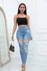 Jeans pour femmes Femmes Casual Hiphop Slim Ripped Genou Trous En détresse Vintage Gland Blanchi Taille Haute Élastique Fit Femelle