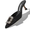 Luxury Maysale Sandals Shoes Jewel Black White Satin Square Crystal Buckle Mules Stiletto Kitten Heel Slip On Slippers EU35-43