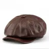 Autumn Cowhide Octagon Hat Men Fashion Leather Beret sboy Peaky Blinders Forward Retro Elegant Painter Cap 240229