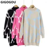 Abiti casual GIGOGOU Tie Dye Maglia lunga dritta DONNA Maglione Abito invernale caldo dolcevita Tunica Autunno Pullover Maglione Top Femme