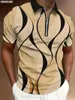남자 폴로 빈티지 흑백 줄무늬 3D 프린트 지퍼 폴로 셔츠 2024 여름 슬림 스웨트 셔츠 옷깃 탑 스트리트웨어