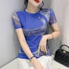 Camisetas para mujer 40-80kg estampado de moda malla femenina cuello redondo manga corta camiseta azul Top mujer elástica camiseta delgada