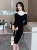 Vestidos casuais mulheres elegante preto branco retalhos feriado malha bodycon mini vestido outono inverno streetwear escritório senhora chique