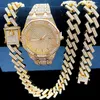 Łańcuchy 3pcs Out Watches for Men Gold Watch 15 mm Cuban Link Bransoletka Naszyjniki Diamentowe bioder biżuterii Man Clock320s