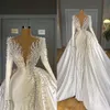 Abiti a sirena di perle di lusso con gonna oversize con scollo a V Abiti da sposa a maniche lunghe in raso Abito da sposa elegante robes de mariee3231