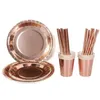 Розовое золото вечерние набор одноразовой посуды набор бумажных тарелок для украшения свадьбы, дня рождения, детского душа, девичника 240301